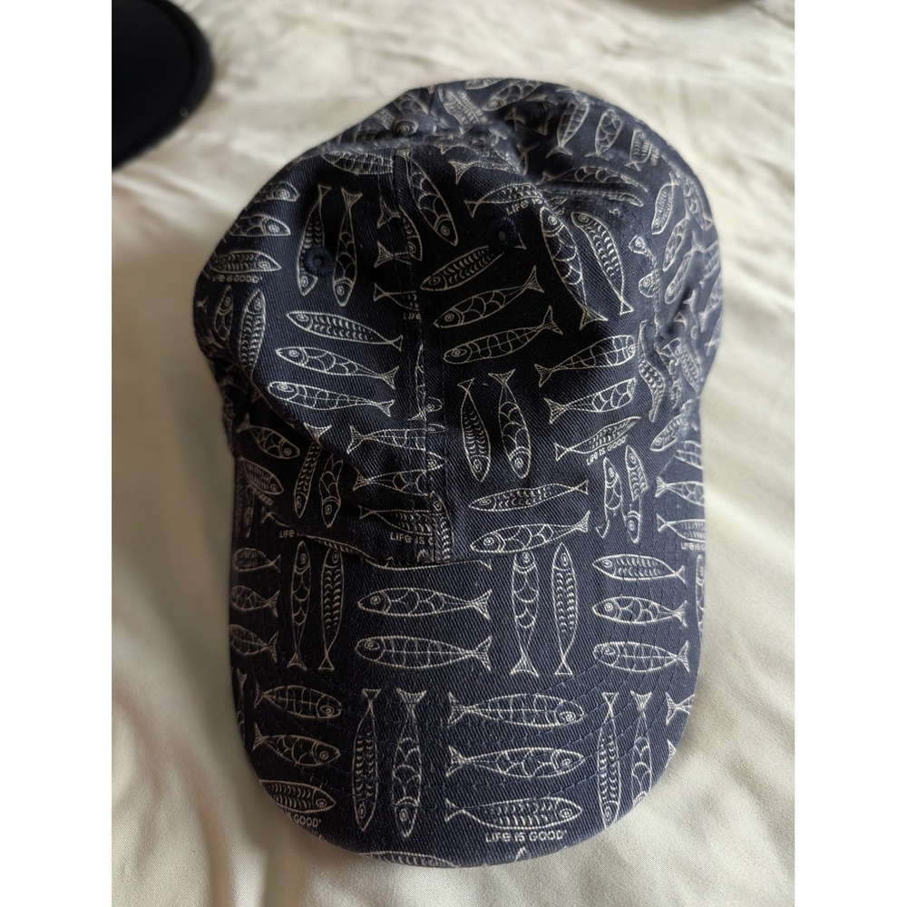 Life is Good Mens Navy Blue Fish Print Cotton Baseball Hat‎ One Size Adjustable